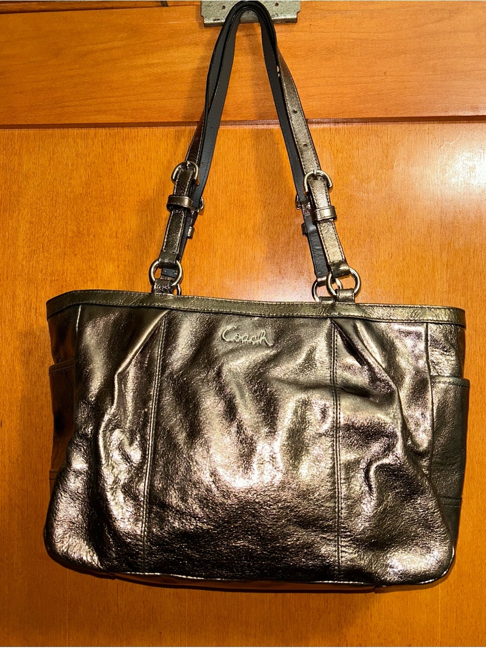 COACH Metallic Pewter Gallery Signature East West Shoulder HandBag #F17721